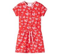 vidaXL red kids' playsuit - Heart print, round neck, short sleeves, drawstring waist, snap buttons, 2 front pockets, size 128.
