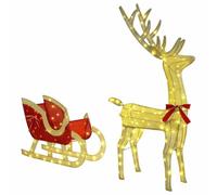 vidaXL Reindeer Pull Sleigh Warm white 70 x 26 x 128.5 cm Fabric, Modern Festive Decor, Reindeer Figurine, Sleigh Decoration, USB Powered, LED Lighting, Holiday Collection, Ambient Glow