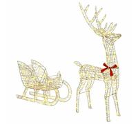 vidaXL Reindeer Pull Sleigh Warm white 70 x 26 x 128.5 cm PET, Modern Festive Decor, Reindeer Figurine, Sleigh Decoration, USB Powered, LED Lighting, Holiday Collection, Ambient Glow