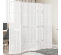 vidaXL Room Divider - White 5 Panel Folding Partition Screen, Solid Paulownia Wood Frame, for Bedroom/Office/Living Room - 175-180cm x 180cm