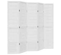 vidaXL Room Divider - White 5 Panel Folding Partition Screen, Solid Paulownia Wood Frame, for Bedroom/Office/Living Room - 175-180cm x 180cm