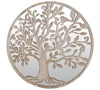 vidaXL Round Garden Mirror, Outdoor Iron Wall-Mounted Mirror in Sand Color, Artistic Decorative Tree Design, Reflective Glass Feature, Easy to Install