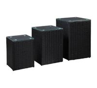 vidaXL 3x Side Table with Glass Top Black Poly Rattan Accent Sofa End Stand