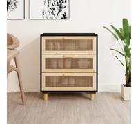 (Black) vidaXL Sideboard Storage Cabinet Cupboard Solid Wood Pine and Natural Rattan