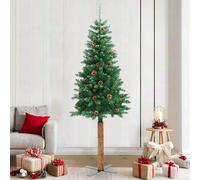 vidaXL Slim Christmas Tree with Real Wood and Cones Green 210 cm PVC