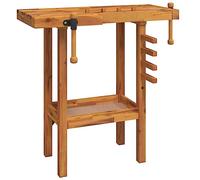 vidaXL Solid Acacia Wood Workbench with Vices - Multifunctional Garage Workshop Equipment with Storage Space and Assembly Manual