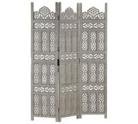 vidaXL Solid Mango Wood Hand carved 3-Panel Room Divider Grey 120cm Partition