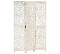 vidaXL Solid Mango Wood White 3-Panel Room Divider - Hand Carved Screen for Bedroom, Living Room and Dining Room - Space-Efficient, Foldable Design