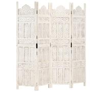 vidaXL Solid Mango Wood Hand carved 4-Panel Room Divider Room Partition Paravent Privacy Screen Classic Style Decoration Home White 160x165cm