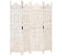 vidaXL White 4-Panel Room Divider - Solid Mango Wood - Hand Carved - Classic Design - 160cm Width - Ideal for Bedroom, Living Room and Dining Room