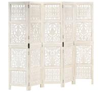 vidaXL Solid Mango Wood Hand carved 5-Panel Room Divider White 200cm Screen