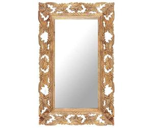 vidaXL Solid Mango Wood Hand Carved Mirror - Brown Wooden Wall-Mounted Makeup Accessory for Bedroom, Bathroom and Living Room
