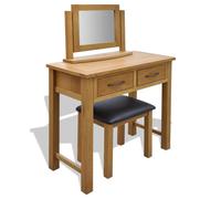 vidaXL Solid Oak Wood Dressing Table with Stool Mirror Vanity Makeup Unit