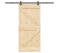 vidaXL Solid Pine Wood Sliding Door 95x210 cm with Black Powder-Coated Steel Hardware - Interior Barn Door for Bedroom, Kitchen, Garage, Barn