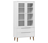 vidaXL Solid Pine Wood White Vitrine Cabinet E - Scandinavian Freestanding Bookshelf with Tempered Glass Doors, Ample Storage, 90x35x175cm, Living Room/Office