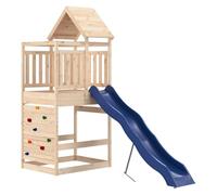 vidaXL Solid Wood Pine Outdoor Playset for Children Aged 3-8, Durable and Stable, Featuring a 118 cm Height Platform, Rock Wall, Wave Slide, and Sandpit.