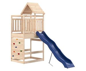 vidaXL Solid Wood Pine Outdoor Playset for Children Aged 3-8, Durable and Stable, Featuring a 118 cm Height Platform, Rock Wall, Wave Slide, and Sandpit.
