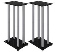vidaXL Speaker Stands 2 pcs, Speaker Floor Stand for Home, Bookshelf Speaker for Studio, Modern Style, Black&Silver Tempered Glass 4 Pillars Design