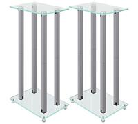 vidaXL Speaker Stands 2pcs, Speaker Floor Stand for Home, Bookshelf Speaker for Studio Monitor, Modern Style, Silver Tempered Glass 4 Pillars Design