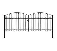 vidaXL Steel Fence Gate Double Door - Black, Arched Top, 400x175cm, Powder-Coated Finish, Horizontal Braces, Garden/Terrace Entryway
