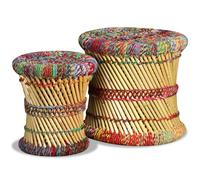 vidaXL Stool Set 2 Pieces Bamboo with Chindi Details Multicolour Handmade Seat v