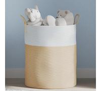 Storage Basket Beige & White 100% Cotton Ø38x46cm Foldable Handles Woven Rope Lg