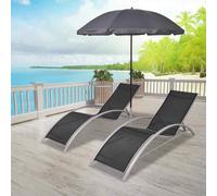 vidaXL Sun Loungers with Umbrella Aluminium Black, Black