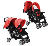 vidaXL Red and Black Steel Tandem Stroller - Dual-Seat, Sun-Protecting Canopies, Convenient Storage, Easily Manoeuvrable