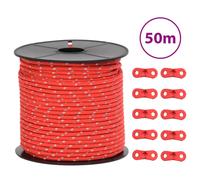 vidaXL Tent Guy Rope with Reflective Strips & Adjustable Aluminium Tensioners - Lightweight Polypropylene Cord for Camping/Hiking - 4 mm Diameter, 50 m Long, Red