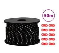 vidaXL Tent Guy Rope with Reflective Strips and Aluminium Tensioners - Black, 50m Length, 5mm Diameter, Polypropylene, Adjustable for Camping and Hiking