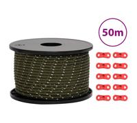 vidaXL Tent Guy Rope with Reflective Strips and Aluminium Spanners - 5 mm Diameter, 50 m Length, Polypropylene, Green - Ideal for Camping and Hiking