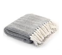 vidaXL Cotton Herringbone Throw 160x210 cm Navy Blue – Soft Touch, Tassels, Washable to 40°C