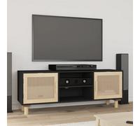 vidaXL TV Cabinet Black 105x30x40 cm Solid Wood Pine&Natural Rattan UK NEW