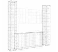vidaXL U-Shape Gabion Basket with 2 Posts Hardware Outdoor Garden Patio Terrace Backyard Gabion Wall Wire Fence Barrier Panel Iron