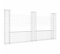 vidaXL Gabion Basket U-Shape with 3 Posts - Iron Retaining Wall, Rustproof Weather-Resistant, Silver