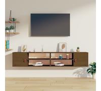 Vidaxl 2X Solid Wood Pine Wall Cabinets Wooden Floating Tv Unit Sideboard Entertainment Centre Wall Mounted Hanging Cabinet Media Unit Honey Brown, Brown