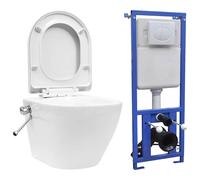 vidaXL Wall-Hung Rimless Toilet with Concealed Cistern, Ceramic White - Soft-Close Lid, Bidet Function, Water-Saving, Easy-Clean Surface and Durable Material