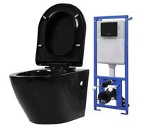 vidaXL Wall Hung Toilet Black WC Pan Soft Close Seat Ceramic Concealed Cistern