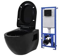 vidaXL Wall Hung Toilet with Water Tank Plumbing Fixtures Bathroom Black WC Pan Soft Close Seat Ceramic Concealed Water Saving Cistern Floor Fix Kit
