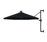 vidaXL Wall-Mounted Black Parasol with LED Lights - UV-Protective and Anti-Fade Outdoor Umbrella with Adjustable Tilt, Crank System and Metal Pole - 300 cm Diameter