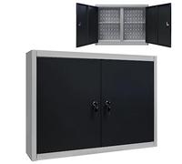 vidaXL Wall Mounted Tool Storage Cabinet Organiser Lockable Doors with 2 Adjustable Shelves with Hooks Industrial Style Metal Grey and Black