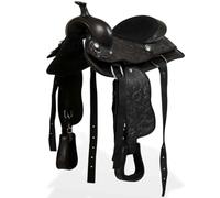 vidaXL Western Saddle Set with Matching Headstall and Breast Collar - Floral Embossed, Real/Artificial Leather, Black, 12" Seat, Comfort for Kids