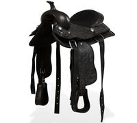 vidaXL Western Saddle Set with Matching Headstall and Breast Collar - Floral Embossed, Real/Artificial Leather, Black, 12" Seat, Comfort for Kids