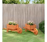 vidaXL Solid Fir Wood Wheelbarrow Planters Set of 2 - Decorative Garden Planters with Drainage Hole and Mobility Handles