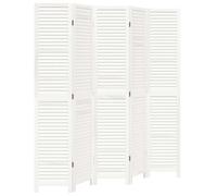 vidaXL White Room Divider/Screen - 5 Panel, Solid Paulownia Wood, Metal Hinges, Foldable Privacy Partition for Living Room, Bedroom, Office - 175-180x200 cm