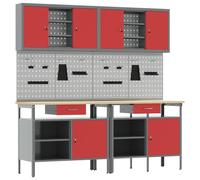 vidaXL Work Bench Set with Lock 8 pcs Red and Grey Powder-Coated Steel
