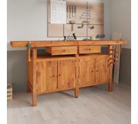 vidaXL Workbench Solid Acacia Wood – Integrated Storage Drawers, Large Work Surface & Vices