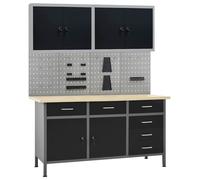 vidaXL Workbench with Four Wall Panels and Two Cabinets Work Table Work Tool Ben