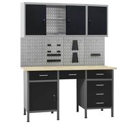 vidaXL Workbench with Four Wall Panels and Two Cabinets Work Table Work Tool Ben