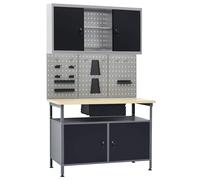 Workbench 120x60x85cm Black/Grey Steel & Wood Top 300kg 2 Lockable Doors &Shelf